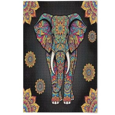 Imagem de Elefante mandala floral preto quebra-cabeça 1000 peças adulto, jogo de quebra-cabeça engraçado, presentes tecnológicos, arte divertida, adultos, pintura de decoração de arte estética, 1000 peças, 75 x