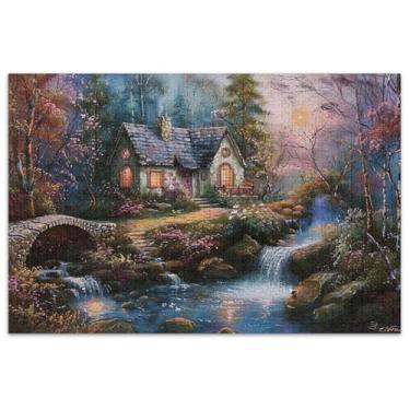 Imagem de Quebra-cabeça com cenário de vila de cachoeira, 1000 quebra-cabeças para adultos, arte, brinquedo, pintura, exclusivo, presentes de elefante branco, presentes engraçados