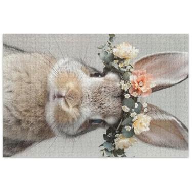 Imagem de Quebra-cabeça de coelho fofo com flores de coelho 500 peças para adultos decoração de arte pintura paisagem quebra-cabeças presentes para jogo de elefante branco