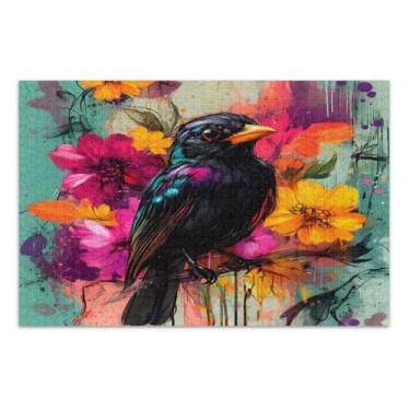 Imagem de Quebra-cabeça adulto lindo pássaro preto com letras nas costas para adultos 500