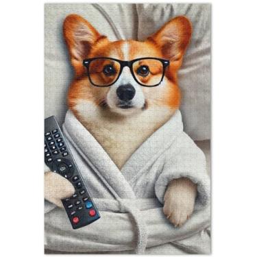 Imagem de Quebra-cabeça adulto engraçado cachorro Corgi 500 peças elefante branco personalizado cena outono pintura animal, 50 x 37 centímetros