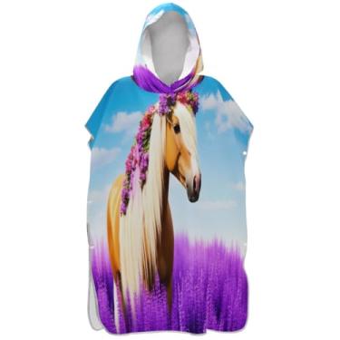 Imagem de Joisal Poncho de surf absorvente para adultos trocador de roupa de banho com capuz bonito cavalo animal roxo floral ponchos de praia para homens