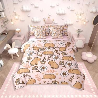Imagem de Erosebridal Conjunto de cama queen de desenho animado de capivara, tamanho Queen, para casa, animais fofos, com lençol para crianças, meninos, meninas, homens, ramos em uma bolsa, conjunto de edredom