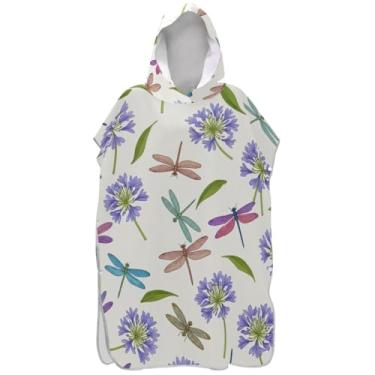 Imagem de Joisal Retro Dragonflies Flores Roxas Surf Poncho Troca Roupão Adulto Com Capuz Toalha de Natação Bonito Leve Feminino Ponchos com Capuz