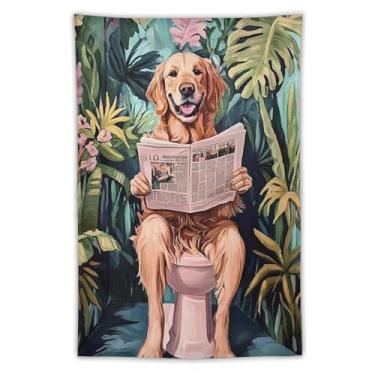 Imagem de Cão tropical retrô lendo jornal no banheiro tapeçaria engraçada pendurar na parede selva decoração botânica para banheiro hóspede banho homem caverna decoração de parede casa presente dormitório 102 x