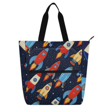 Imagem de GAIGEO Bolsa feminina retrô Rockets azul para trabalho lona com zíper bolsa de praia utilitária infantil com compartimentos
