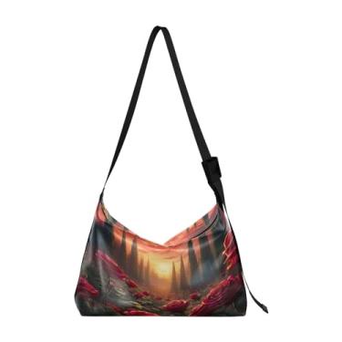 Imagem de Magical Dreamy Bolsa tiracolo de couro sereia, bolsa de ombro transversal para homens, bolsa de ombro ajustável para bolsa de couro, Beautiful Red Roses in the Field-2, One Size