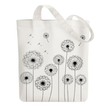 Imagem de ANATTASOUL Sacola de lona dente-de-leão reutilizável de algodão para mulheres, bolsas de ombro de tecido durável com bolsos com zíper para compras, férias, trabalho, academia