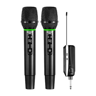 Imagem de BOMGE Microfone sem fio, microfones profissionais de mão duplos, recarregáveis, sem fio, recepção de alcance de 1,8 m, microfone de karaokê de menos latência para cantar, discursar, festa (G86-2ch)