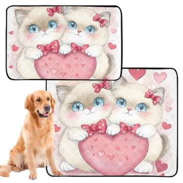 Imagem de TSENQUE Cute Valentine Kittens Heart Pink Pee Pads lavável reutilizável para gatos de estimação, tapete impermeável para cercadinho para cães, tapete absorvente para parto, médio + grande, conjunto de