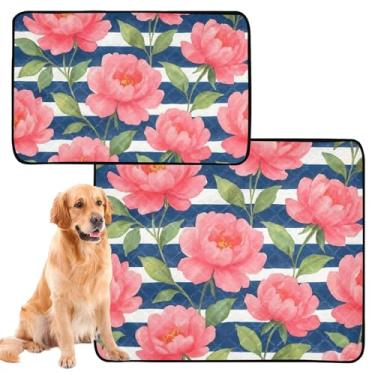 Imagem de Almofada de aquarela rosa peônias ousadas para animais de estimação, para gatos, cães, laváveis, à prova d'água, cercadinho absorvente para cães, treinamento de penico, médio + grande, conjunto de 2