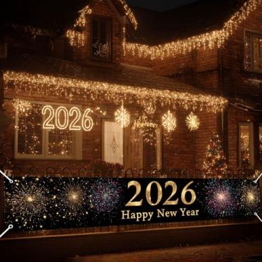 Imagem de HOMETITUTE 299,7 x 50,8 cm Feliz Ano Novo 2026 Banner preto ouro fogos de artifício banner pendurado feriado grande cerca ao ar livre varanda decoração de parede fundo festa ano novo celebração