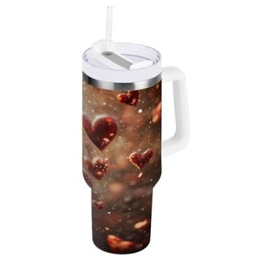 Imagem de Blueangle Copo com isolamento de coração rosa de 850 g com alça e tampa de palha, caneca de viagem reutilizável de aço inoxidável (123)