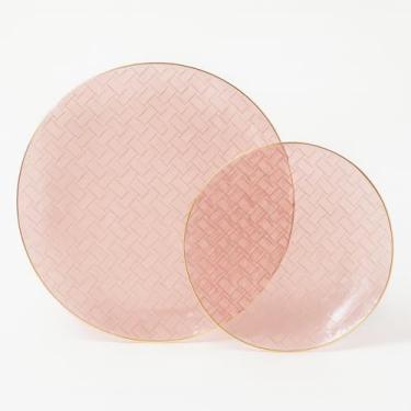 Imagem de Lillian Tablesettings Conjunto de pratos de plástico rosa matizado de 32 peças, pratos de jantar de 40 x 25 cm e pratos de salada de 40 x 18 cm, pratos descartáveis pesados com borda prateada, louça