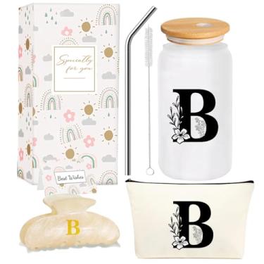 Imagem de 4MELLY Copo de vidro com inicial monograma, presentes personalizados para mulheres, copos de vidro de 473 ml, canudos, aniversário, Natal, Dia das Mães, presente para ela