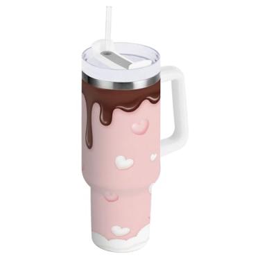 Imagem de Blueangle Copo isolado de chocolate ao leite de 850 g com alça e tampa de palha, caneca de viagem reutilizável de aço inoxidável (121)