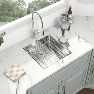 Imagem de Kichae Pia de cozinha de aço inoxidável de 50 cm x 50 x 12,8 cm, tigela única de calibre 16, feita à mão, moderna, 12,7 cm, pia de cozinha rasa ADA pequena de canto redondo feito à mão