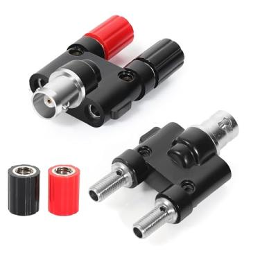 Imagem de BNC fêmea para 2 × 4 mm soquete fêmea banana dupla borne de encadernação adaptador conector divisor coaxial RF pacote com 2, conector BNC banana para antenas de rádio HF osciloscópio DVM equipamento