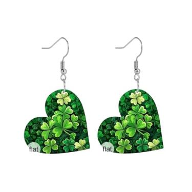Imagem de Brincos pendentes de trevo verde coração para mulheres, fofo, banhado a prata, acrílico, trevo da sorte, pingente leve, joia moderna para o dia de São Patrício, festa dela