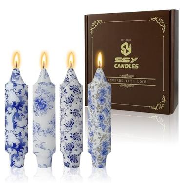 Imagem de Pacote com 4 velas azuis florais curtas velas cônicas de porcelana azul e branca sem perfume 12,7 cm velas cônicas de flor azul para jantar em casa, casamento, feriado