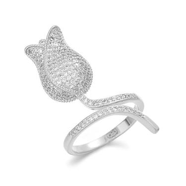 Imagem de OIDIMS Elegante anel de flor de tulipa para mulheres, ajustável, aliança aberta com dedo de compromisso, imitação cintilante, cristal de zircônia cúbica, floral, ajuste confortável, joia de coquetel