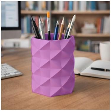 Imagem de Porta Canetas, Lápis, Pincel Geométrico Low Poly, Design Moderno, Organizador de Mesa, Estilo Minimalista (Lilás)