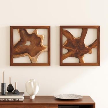 Imagem de JOLLYMER 2 unidades de decoração de parede de madeira teca com borda viva, arte de parede de madeira rústica, decoração de casa feita à mão para sala de estar, quarto, escritório, moldura natural de