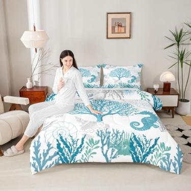 Imagem de Jogo de cama infantil costeiro, tamanho Queen, conjunto de edredom de algas marinhas corais, oceano, náutico, moderno, edredom de quarto, azul petróleo, 2 fronhas