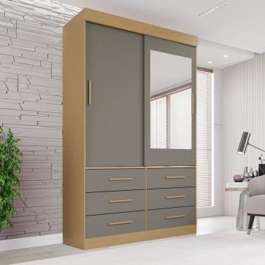 Imagem de Guarda-roupa Solteiro 2 Portas com Espelho 6 Gavetas Luana Jequitibá/Granizo