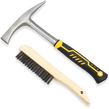 Imagem de JOYFUL&HOPEFUL Martelo de lascar de soldagem, martelo de remoção de escória, aço forjado, 32 cm, remove eficientemente escória de soldagem e respingos, martelo de lascar e conjunto de escova de arame