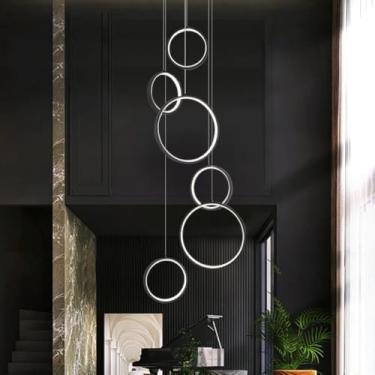 Imagem de Luminária pendente moderna de LED em formato de anel para escada, com controle remoto, em alumínio, com altura ajustável, ideal para sala de estar, quarto, sala de jantar e cozinha (preta, 6