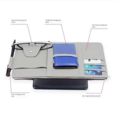Imagem de Organizador de Viseira de Carro, Cinza, Couro PU, 31x15.5cm, com Compartimentos para Óculos, Cartões, Canetas e Documentos