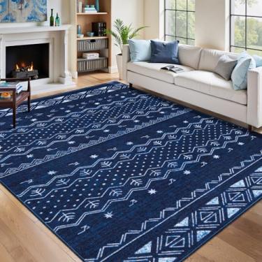 Imagem de SERISSA Tapetes de área de 15 x 23 cm para sala de estar, lavável, antiderrapante, azul e branco, tapete geométrico macio e geométrico para sala de jantar, quarto, casa, escritório, sala de jogos