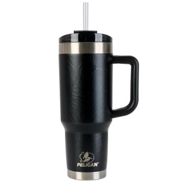 Imagem de HydrationHub USA Pelican Porter Copo de viagem de aço inoxidável reciclado de parede dupla de 1,134 g - Caneca de café isolada revestida com pó para bebidas quentes e frias, preto fosco topográfico