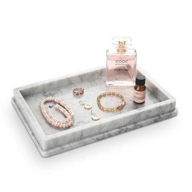 Imagem de HAMAKAWA Bandeja retangular de mármore natural C 30 x L 20 x A 3 cm, bandeja de banheiro de pedra calcária branca Carrara, organizador de bancada moderno, para dispensador de sabonete, cozinha