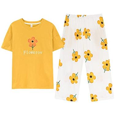 Imagem de 3FLQOOPP Pijama feminino floral manga curta gola redonda conjunto de pijama feminino lazer tamanho grande roupa de casa (amarelo 1X)