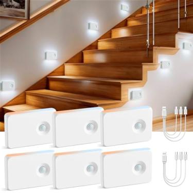 Imagem de Powfloven Pacote com 6 luzes noturnas com sensor de movimento recarregável sem fio, luzes noturnas operadas por bateria com LED inteligente, lâmpada adesiva RGBW para armário interno para escadas de