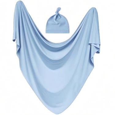 Imagem de Cobertores para bebês com conjunto de gorro combinando para recém-nascidos para berçário, envoltório unissex, macio, sedoso, neutro para bebês meninas e meninos (azul)