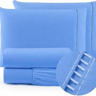 Imagem de Jogo De Lençol 400 Fios Casal Ponto Palito Macio e Suave Hotel 3 Peças (Azul)