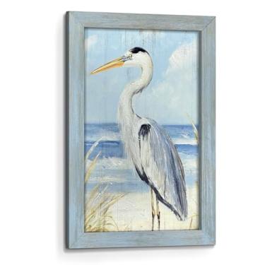 Imagem de Arte de parede emoldurada de madeira de pássaro marinho: pintura de paisagem marítima da praia costeira impressões de arte azul oceano litoral imagem para banheiro, quarto, escritório em casa 61 x 40