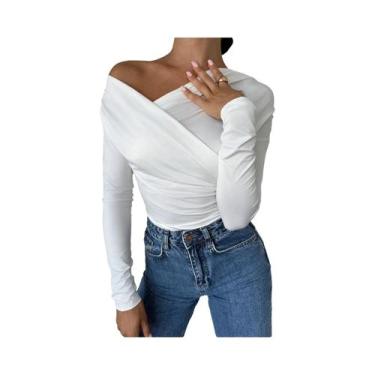Imagem de Camiseta Feminina Slim Fit De Manga Longa Com Ombros Descidos Em Cor S