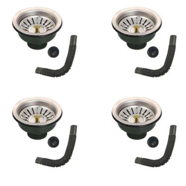 Imagem de Ralo Valvula Dreno Filtro De Pia 10x10 Kit 4 Unidades Inox Sifao Tubo De Escoamento Cozinha Lavabo Casa Lavanderia