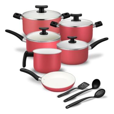 Imagem de Jogo de Panelas Antiaderente com Tampa de Vidro, Cereja/Creme 9 Peças