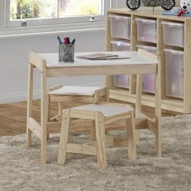Imagem de Conjunto Infantil Mesa com 2 Banquetas Castelo Casatema Branco / Natur