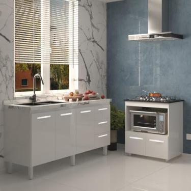 Imagem de Mobília Decor, Balcão Cozinha Armário Gabinete de Pia 160 cm Estela e Balcão para Fogão Cooktop 5 Bocas Evelyn Branco
