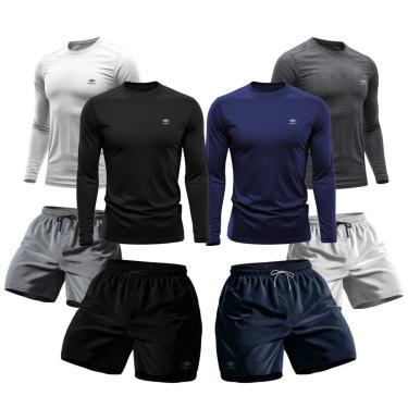 Imagem de Kit 4 Masculino Camisetas Dry Manga Longa Proteção Uv E 4 Short Mauricinho Verão Academ...