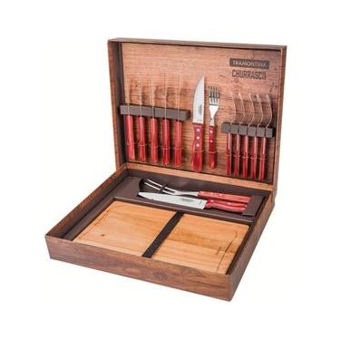 Imagem de Kit Talheres Jumbo e Tábua para Churrasco Tramontina Aço Inox Madeira Polywood Vermelha 15 peças