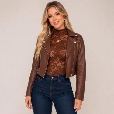 Imagem de Jaqueta Couro Cropped Montaria Feminina Estilosa Zíper e Gola Lapela -