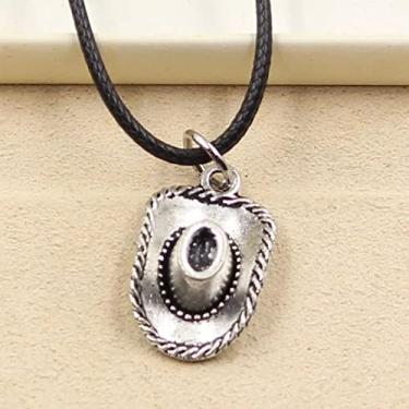 Imagem de EDCRFV Colar de chapéu de cowboy pingente de prata tibetano cordão de couro preto feito à mão