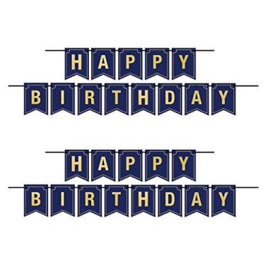 Imagem de Beistle Serpentinas de feliz aniversário de 2 peças, faixas de celebração penduradas, 15 x 25 cm, azul marinho/dourado